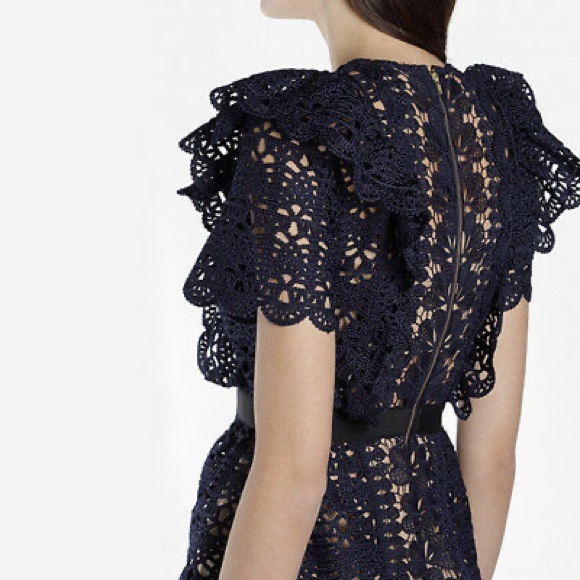 Self Portrait blue navy ruffle guipure mini cocktail dress size 2 - Picture 3 of 14